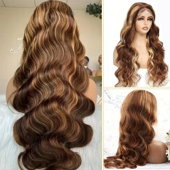 13x4 Highlight Ombre Lace Front Human Hair Wig - 4/27 Honey Blonde - 20" - Picture 2 of 9